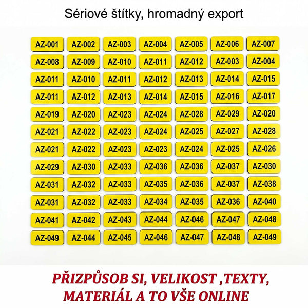 Technické popisové štítky se sériovou řadou – Žluté, úzký obdélník