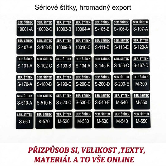 Sada gravírovaných sériových štítků s vlastním číslováním – Černý plast