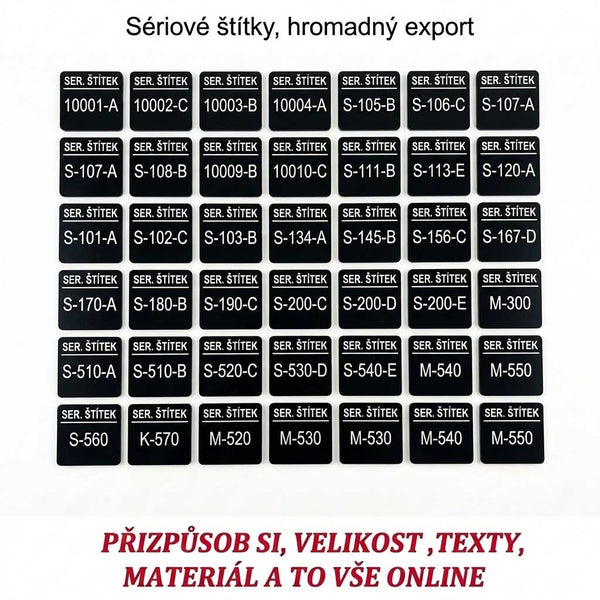 Sada gravírovaných sériových štítků s vlastním číslováním – Černý plast