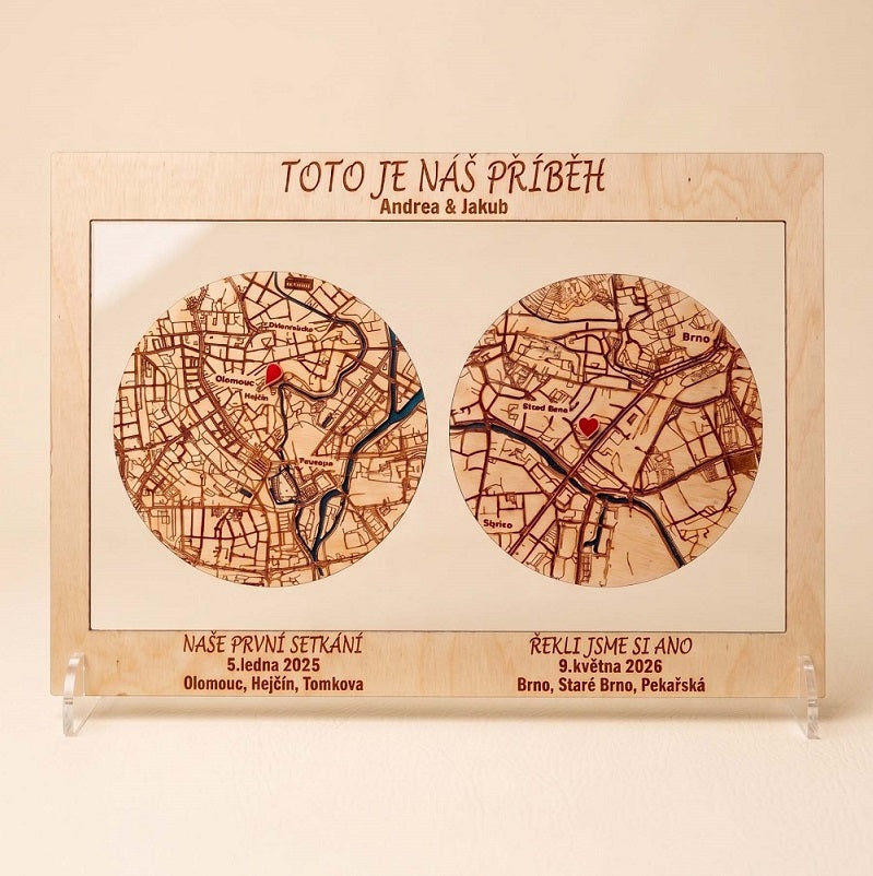 Dvojitá 3D dřevěná mapa na míru: Dvě osudová místa