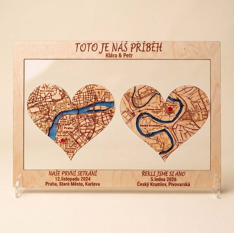 Dvojitá 3D dřevěná mapa na míru: Dvě osudová místa