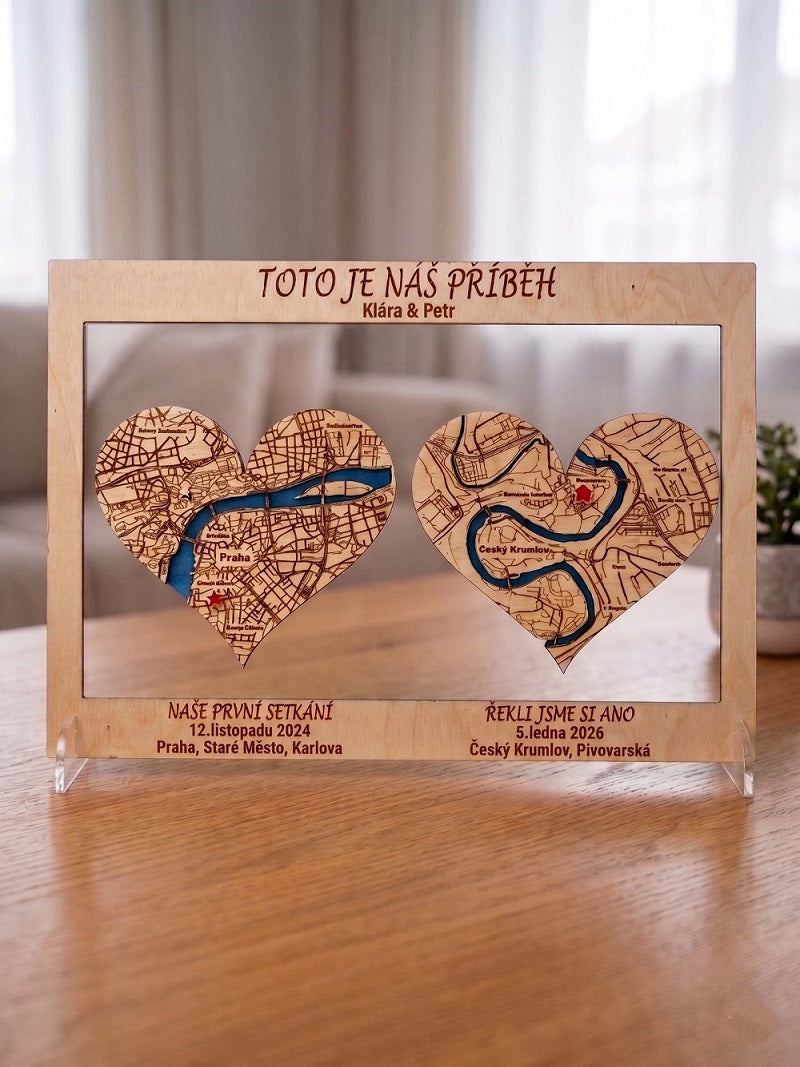 Dvojitá 3D dřevěná mapa na míru: Dvě osudová místa