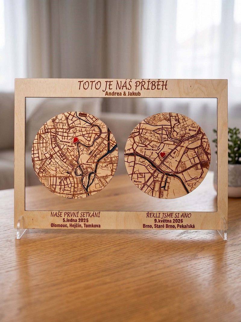 Dvojitá 3D dřevěná mapa na míru: Dvě osudová místa